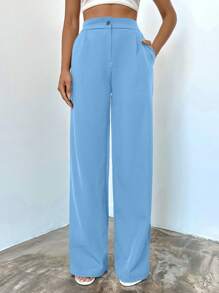 EURMUSE High Waisted Solid Color Trousers With Slanted Pockets - Dusty Blue - View 1