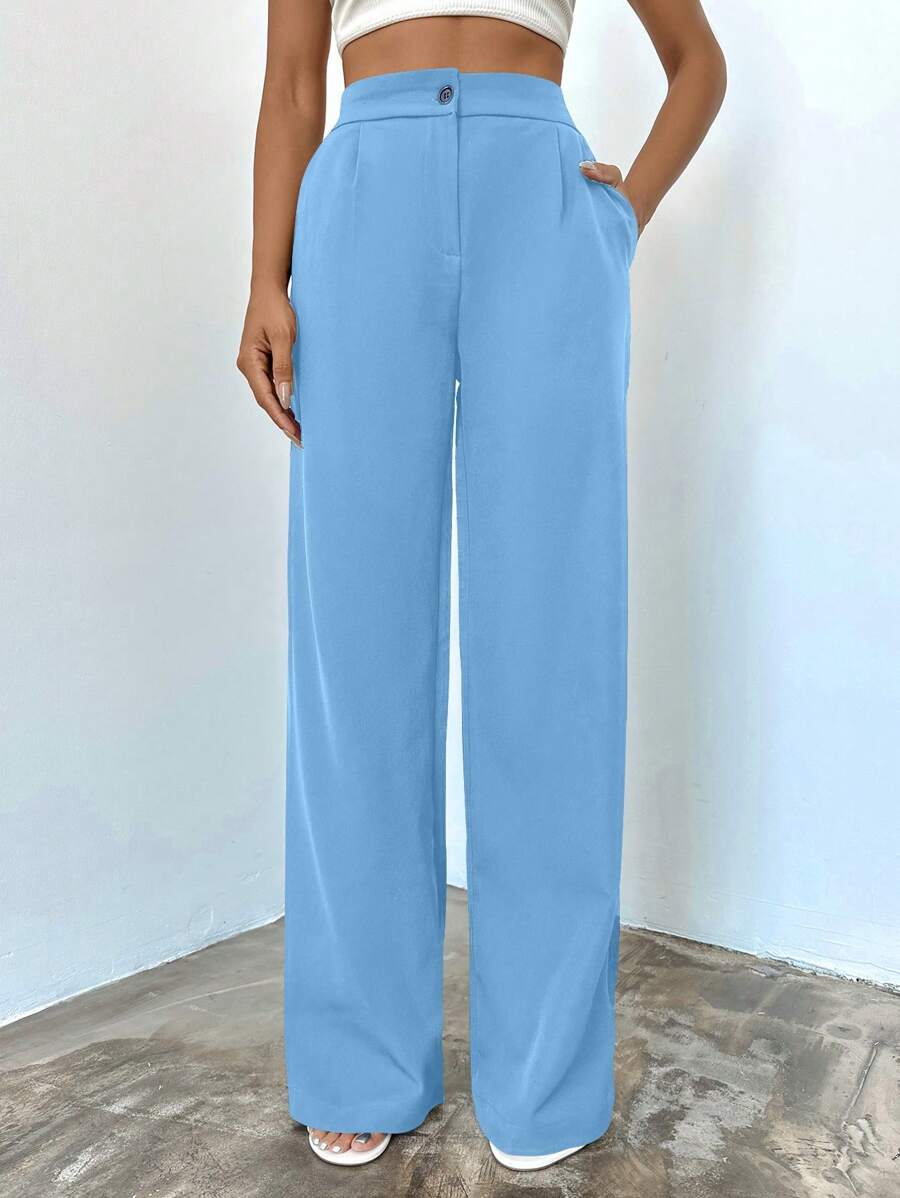 EURMUSE High Waisted Solid Color Trousers With Slanted Pockets - Dusty Blue - View 1