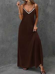 SHEIN LUNE 女式纯色针织氨纶面料撞色肩带休闲长裙，度假风格，春夏 - 棕色 - 查看 7