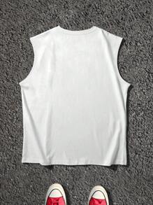 Manfinity EMRG Camiseta sin mangas casual de hombre con estampado de personaje y lema, de estilo callejero de moda, para verano - Blanco - Ver 2