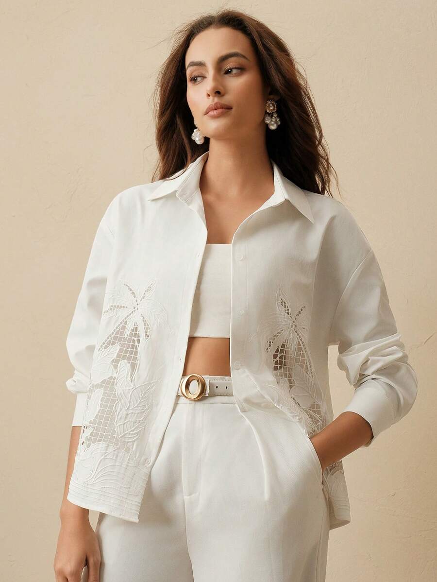 Anewsta Áo sơ mi dài tay rộng rãi họa tiết cây dừa thời trang - trắng - Xem 1