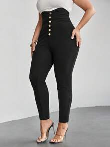 SHEIN Privé Pantalones Ajustados De Talla Grande Con Cintura Alta Y Cremallera De Botón - Negro - Ver 4