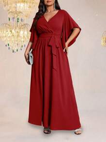 Auvina 大码女式纯色修身V领喇叭短袖系带腰部褶饰开衩优雅派对长裙