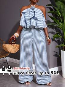 SHEIN CURVE+ 大码女装/秋季服装/秋季女装/冬季女装/冬季女装大码条纹印花荷叶边吊带连体衣 - 藍色 - 查看 6