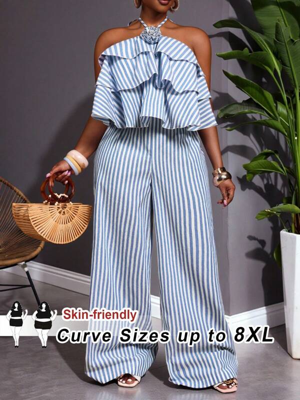 SHEIN CURVE+ Salopetă dintr-o singură piesă pentru femei, mărime mare, cu imprimeu cu dungi și volane, cu halter