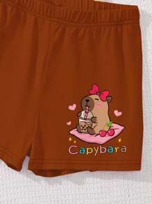 2 pièces Set hauts à manches courtes et shorts d'été imprimés capybara mignon et nœud de cerise, tenue d'été décontractée pour jeunes filles, convient pour les sorties d'été et la mode plage