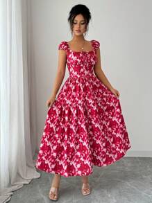 Elenzga Robe maxi bohème d'été pour femmes, blanche à fleurs, élégante, encolure carrée, taille froncée et cintrée, nœud devant, manches bouffantes, jupe à volants, pour vacances et tea party - Multicolore - Voir 7