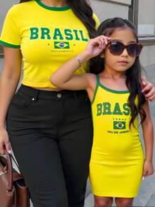 女士时尚休闲巴西字母印花短款上衣，适合节日派对 - 彩色 - 查看 6