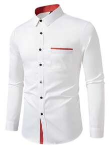 Calvornis Chemise décontractée de navette à blocs de couleurs et patchwork pour hommes. Chemise habillée pour hommes en rouge et blanc. Chemise habillée avec bordure rouge, pour l'automne - Blanc - Voir 3