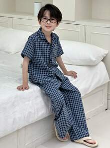 Dazy Kids Tween Boy Plaid Short Sleeve Pajama Set - Blue - View 8