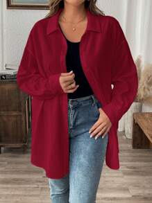 SHEIN LUNE 冬季服装纹理休闲大码纯色夏季长袖衬衫 - 紅色 - 查看 1