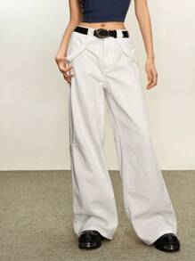 Rina Fox Pantalones vaqueros anchos informales y sueltos de color liso sin cinturón para mujer - Blanco - Ver 4