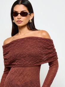 AiiRZ Vestido de punto con hombros descubiertos, vestido de suéter de manga larga para invierno y otoño, vestido mini fruncido elegante para fiestas y eventos, vestimenta elegante de noche de punto cómoda - Café integral - Ver 5