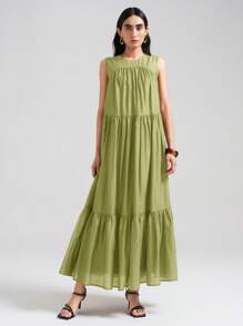 Ontre 2025 Women's Summer Extra Long Slit Ruffle V-Neck Sleeveless Maxi Dress, Fashionable Urban, Romantic Vacation, Island Resort, Party Outfit, Elegant, Loose & Comfortable, Flared Skirt, Business Casual Women Vacation Dress - Green - View 8