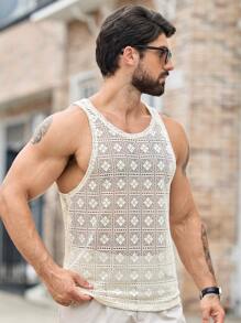 Manfinity BRENVOR 男士休闲菱形图案提花针织修身无袖背心 男士钩针背心 男士夏季背心 男士背心 节日网眼男士上衣 男士钩针背心 - 米色 - 查看 2