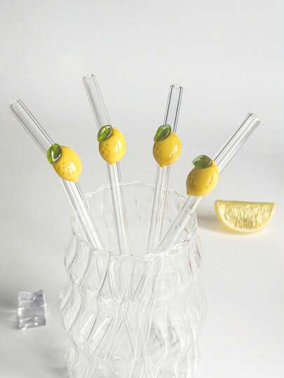 1Pc/2Pcs/4Pcs Cartoon Lemon Design Bending Glass Straw,For Milkshake Smoothie,Sparkling Water,Milk Tea,Juice,Cold Drink,Beach Party,Outdoor Picnic,Dessert Shop,Snack Bar,Birthday Gift,Back To School&Graduation Season