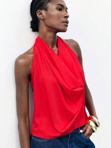 Maija Áo nữ cổ tròn hở lưng màu trơn, kiểu dáng thời trang, thích hợp mặc đi nghỉ mát, áo nữ dịp Giáng sinh. - Đỏ - Xem 5