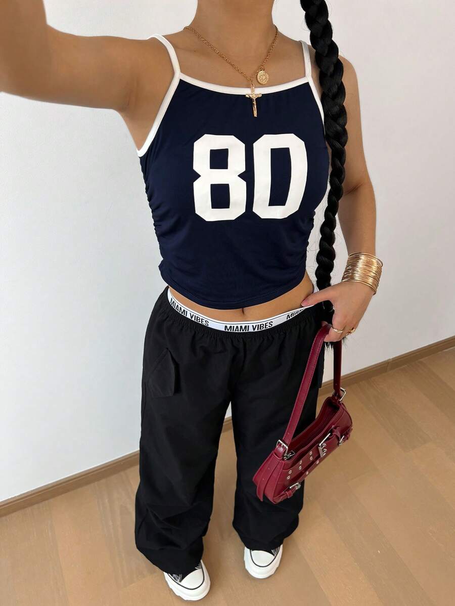 SHEIN 青少年女孩针织拼布数字印花吊带背心和褶皱休闲裤两件套 - 彩色 - 查看 1