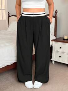 SHEIN EZwear Calça Casual de Perna Larga com Bolso e Bloco de Cores Plus Size para Verão, Formatura, Volta às Aulas, Roupas de Professora para Mulheres, Calça de Cintura Alta, Calça Larga de Cintura Alta, Casual Elegante para Mulheres no Outono/Inverno