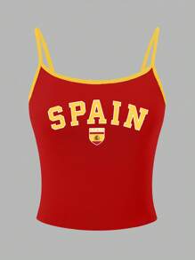 INAWLY Y2K Spain Letter Graphic Camisole Top Graphic Tees Women Tops - Red - View 4