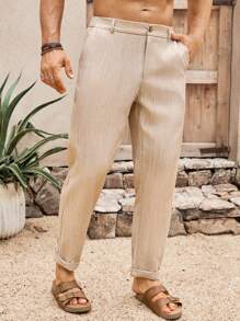 Manfinity RSRT Men's Casual Loose Business Pants With Belt Loops, Summer Pants For Summer Textured Pants - Khaki - View 5