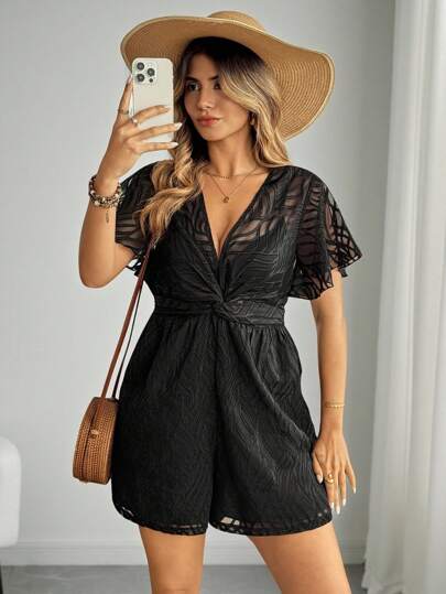 Flirla Plus Size Women's Criss-Cross V-Neck Knotted Texture Chiffon Puff Sleeves Romper Shorts Jumpsuit, Black Romper