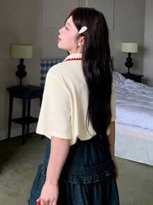 Dazy Plus 女童撞色领Polo衫宽松休闲短袖T恤 - 杏色 - 查看 2
