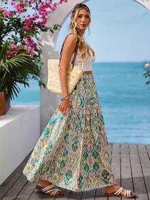 Vivid Eden Women's Elastic Waist Loose Bohemian Style Vacation Print Skirt