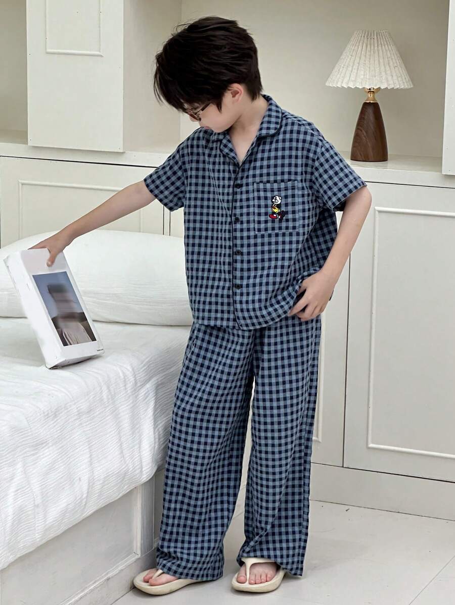 Dazy Kids Tween Boy Plaid Short Sleeve Pajama Set - Blue - View 1