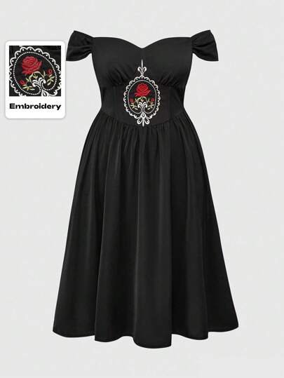 ROMWE Avant Plus Size Vacation A-Line Dress With Floral Embroidery Decor And Off Shoulder Design