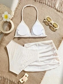 Tween Girl New Fashion Beige Specialty Fabric 3 Pieces Tankini Swimsuit Beach Outfit Summer Holiday