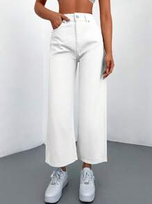 EURMUSE 100%Cotton High Waist Wide Leg Jeans - White - View 6