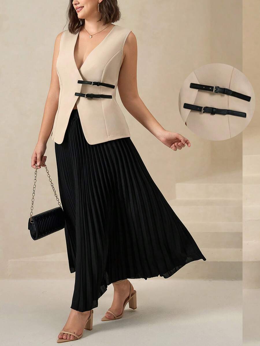 Chikora Plus Size Women Elegant Contrast Color Blazer + Pleated Skirt 2 Pieces Set,Black And White,Summer,Dinner,Classic Stylish Business Casual Work Clothes - Multicolor - View 1
