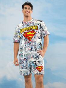 SUPERMAN X SHEIN 男士字母印花圆领短袖T恤，夏季 - 彩色 - 查看 4