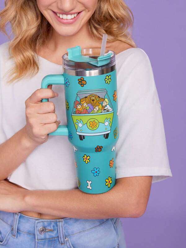 SCOOBY-DOO X SHEIN Cartoon Pattern 40oz Tumbler With Handle, Insulated Cup, Vacuum Insulated Water Bottle, Stainless Steel Travel Mug, Car Mug