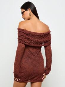 AiiRZ Vestido de punto con hombros descubiertos, vestido de suéter de manga larga para invierno y otoño, vestido mini fruncido elegante para fiestas y eventos, vestimenta elegante de noche de punto cómoda - Café integral - Ver 2