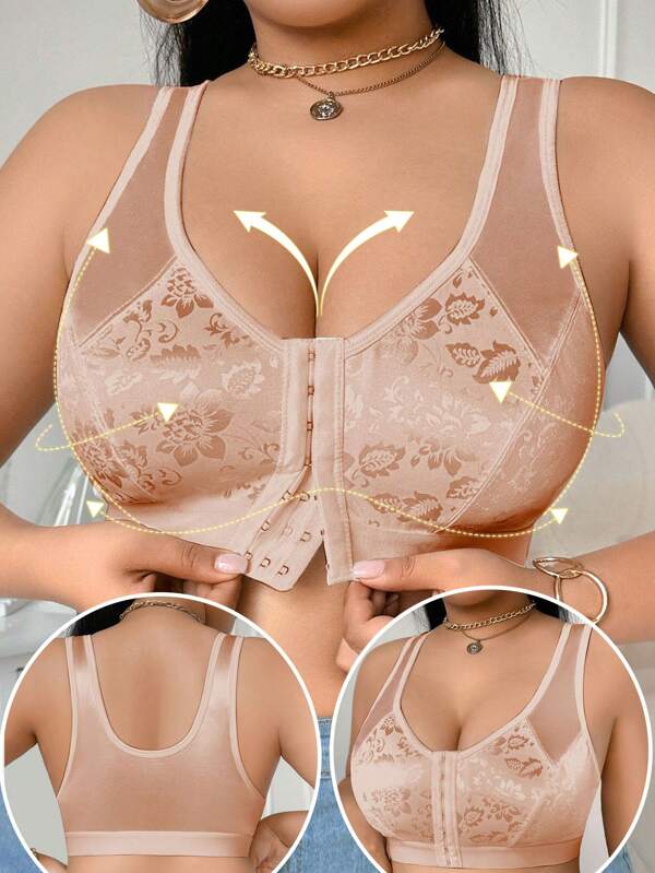 1pc Plus Size Front Snap Floral Jacquard Wireless Bra