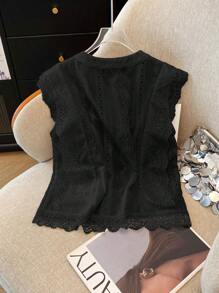 Franclia 女士纯色刺绣蕾丝边镂空休闲通勤衬衫学院风服装 - 黑色 - 查看 2