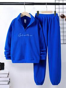 Cậu bé Tween Thêu Chữ Dây kéo mặt trước Thả vai Áo len & Quần nỉ - Màu xanh lam - Xem 6