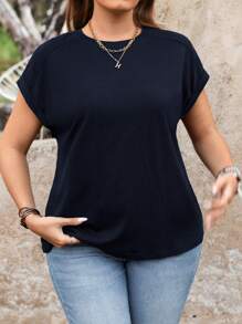 SHEIN LUNE 大码纯色插肩袖T恤，夏季休闲装 - 藏蓝色 - 查看 5