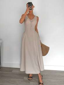 Siren Gaze Women's Elegant Grey Summer Linen Dress,Sleeveless U-Neck Pleated Tie-Cinched Waist Hollow Long Dress,Fashionable Casual Office Commuting Evening Wear - Apricot - View 3