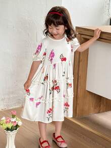 SHEIN Little Byeori 年轻女孩彩色花卉荷叶边下摆泡泡袖公主风连衣裙，韩版/日系时尚 - 彩色 - 查看 3