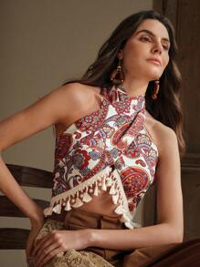 Anewsta Retro Style Printed Women's Halter Backless Tassel Beach Vacation Tank Top - Multicolor - View 6