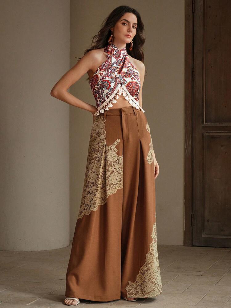 Retro Style Printed Women's Halter Backless Tassel Beach Vacation Tank Top