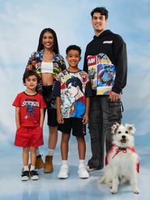SUPERMAN X SHEIN Tween Boy Cartoon Graphic Black Casual Drop Shoulder Short Sleeve T-Shirt And Loose Shorts Sports Set - Multicolor - View 1