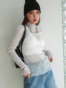 DAZY Top transparente con cuello de tortuga, recorte de lechuga y sin sujetador