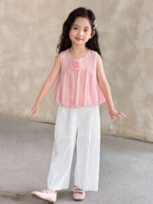 Conjunto de 2 piezas de blusa sin mangas con decoración floral dulce y pantalones de pierna ancha a rayas para niña joven, moda de verano - Rosa - Ver 6