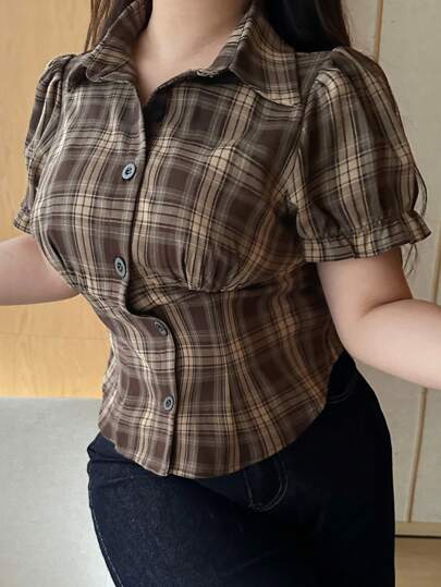 REIGN AVE 加大码翻领格纹褶饰短袖衬衫，法兰绒女式格子
