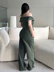 Dazy Plus Plus Size Washed Retro Zip Front Denim Camisole & Wide Loose Fit Denim Pants 2 Pieces Set, Off Shoulder Top, Back To School Clothes - Light Wash - View 2