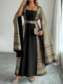 Elenzga Plus Size Square Collar Cape Sleeve Summer Fashion Cinched Waist Retro Elegant Dress Fall Cloth For Women - Multicolor - View 1